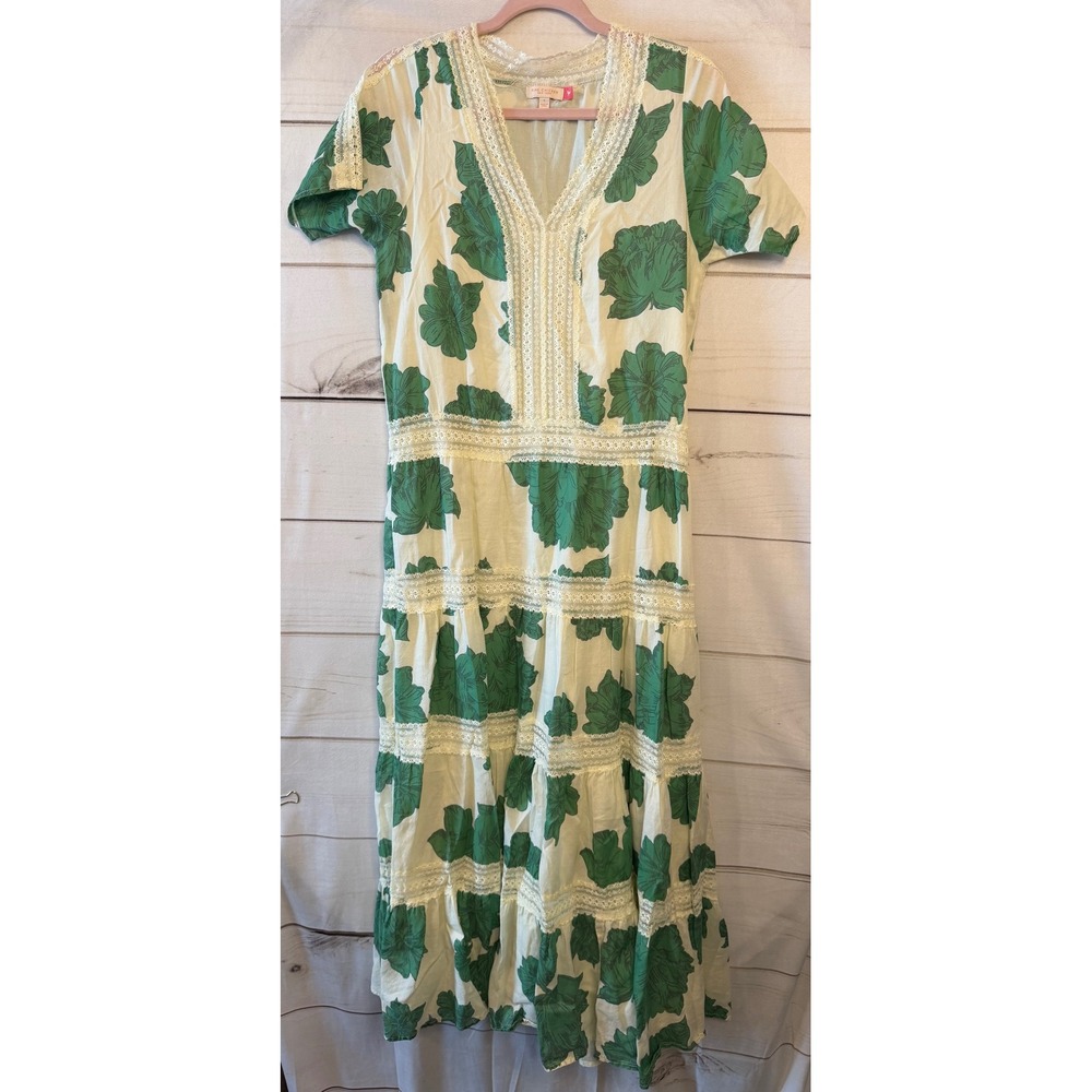 Pink Chicken Cream Maxi Dress with Green Leaf Print